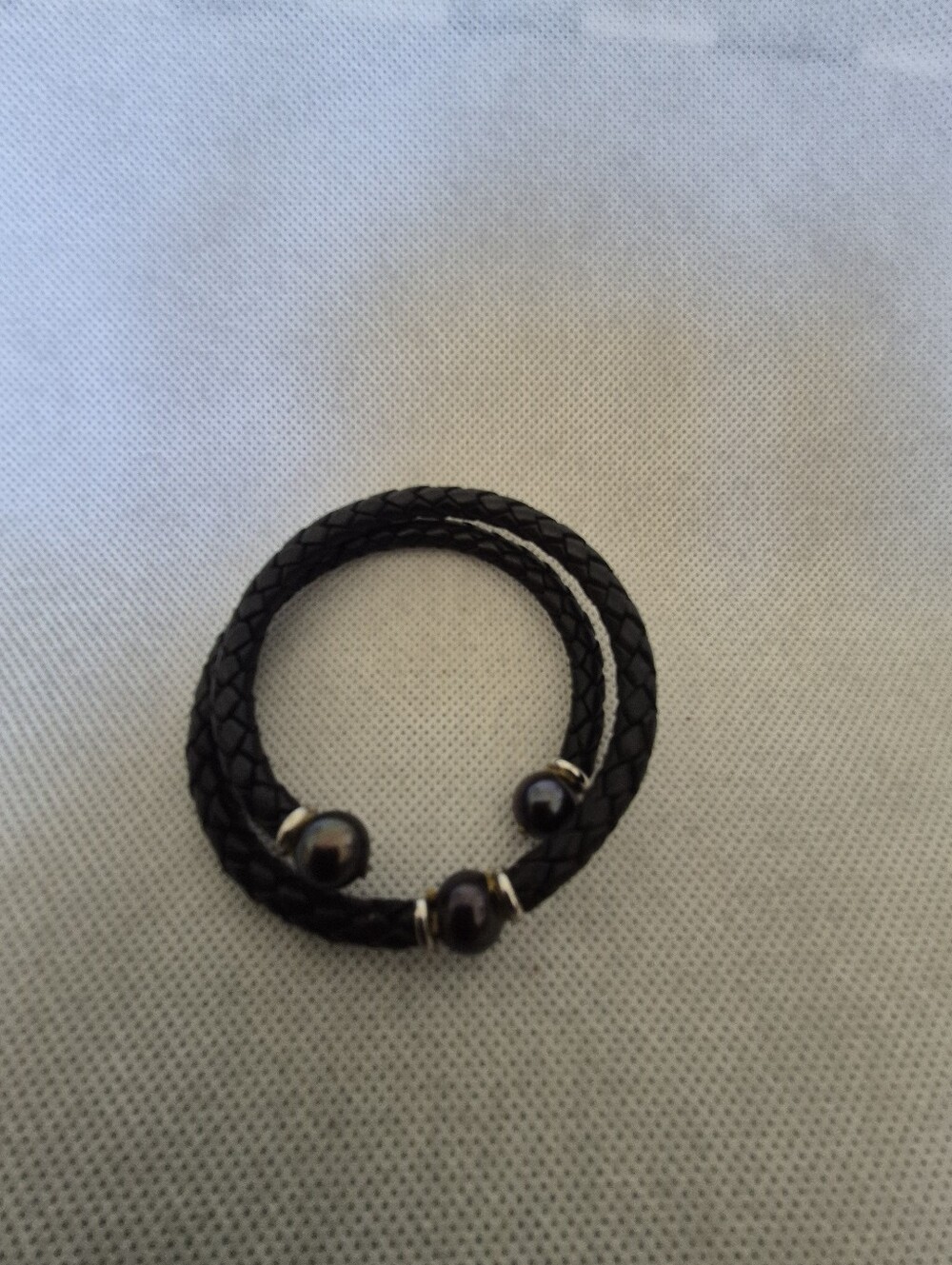 Braided Black Leather Double-Wrap Bracelet with Black Pearls